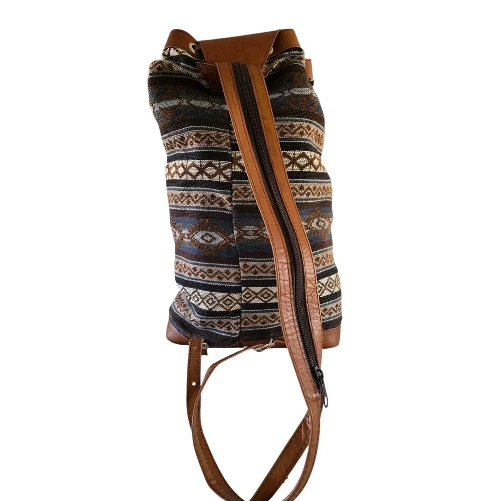 Womens Backpack Aztec Canvas Suede Leather‎ Flap Over Buckle Adjustable Brown